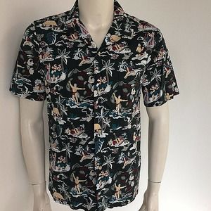 Hawaii Brand Men's Med Hawaiian Aloha Shirt Surfers Hula Girls Huts Ukulele Fish